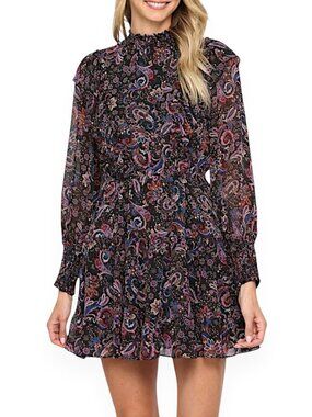Fate Black Paisley Smocked Mock Neck Ruffled Mini Tiered Dress NWT New S